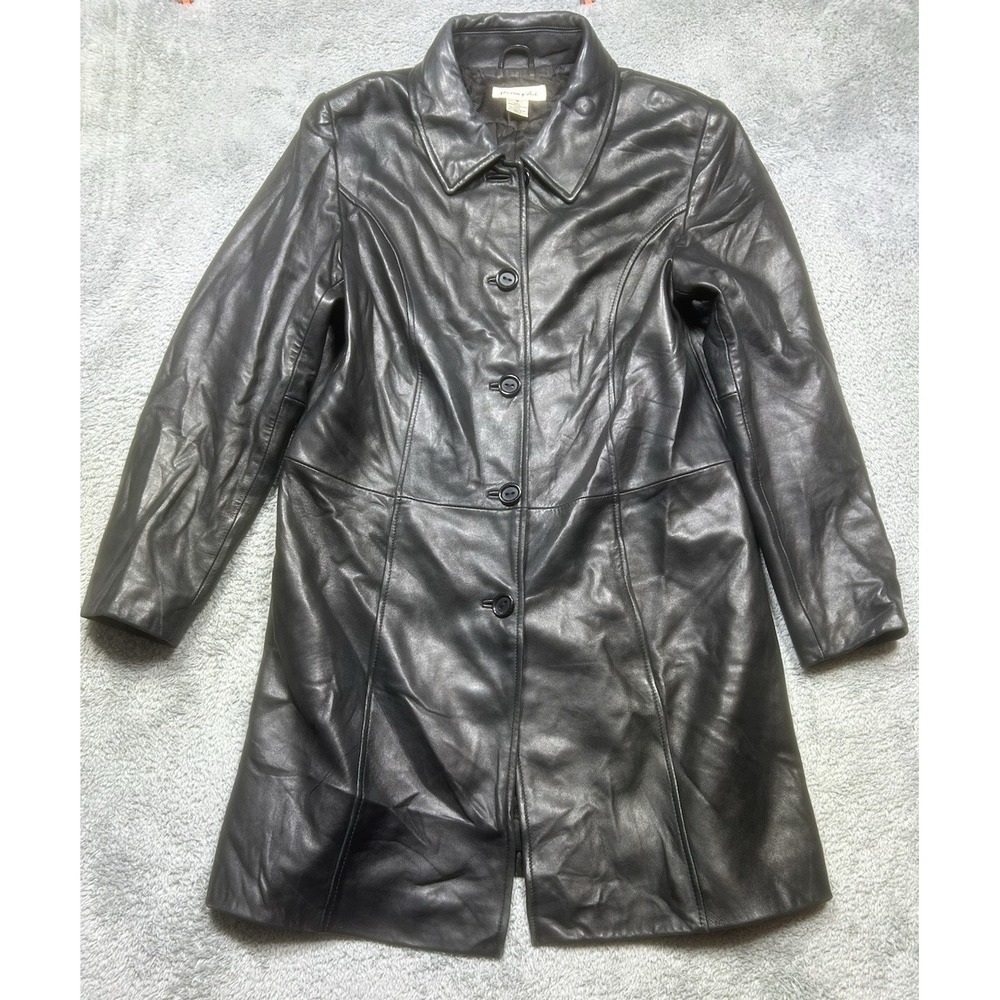 Preston & York Coat Women's M Black Lamb Skin Long Leather Jacket Trench Vintage